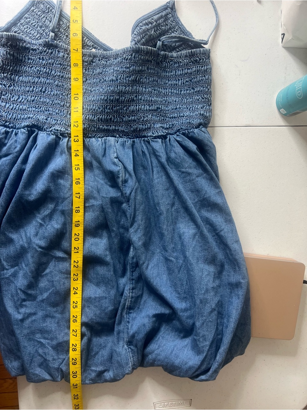 American Eagle Bella Bubble Mini Dress Denim Stretch Smocked Tank Large Cottage - Picture 8 of 9